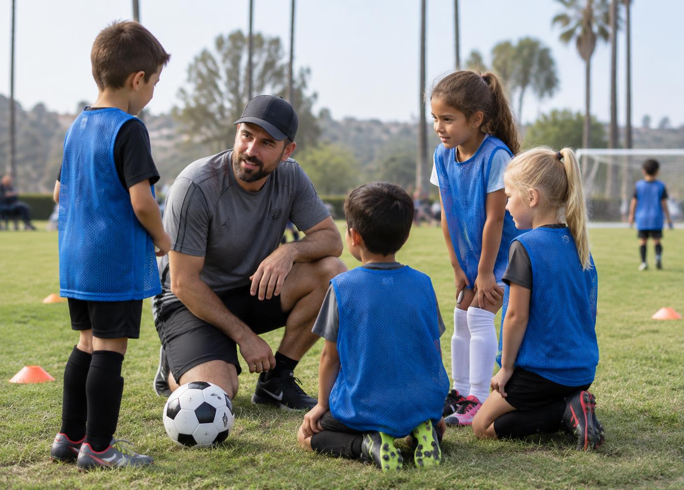 Volunteer coach kneeling on a soccer field talking with young children in blue training bibs