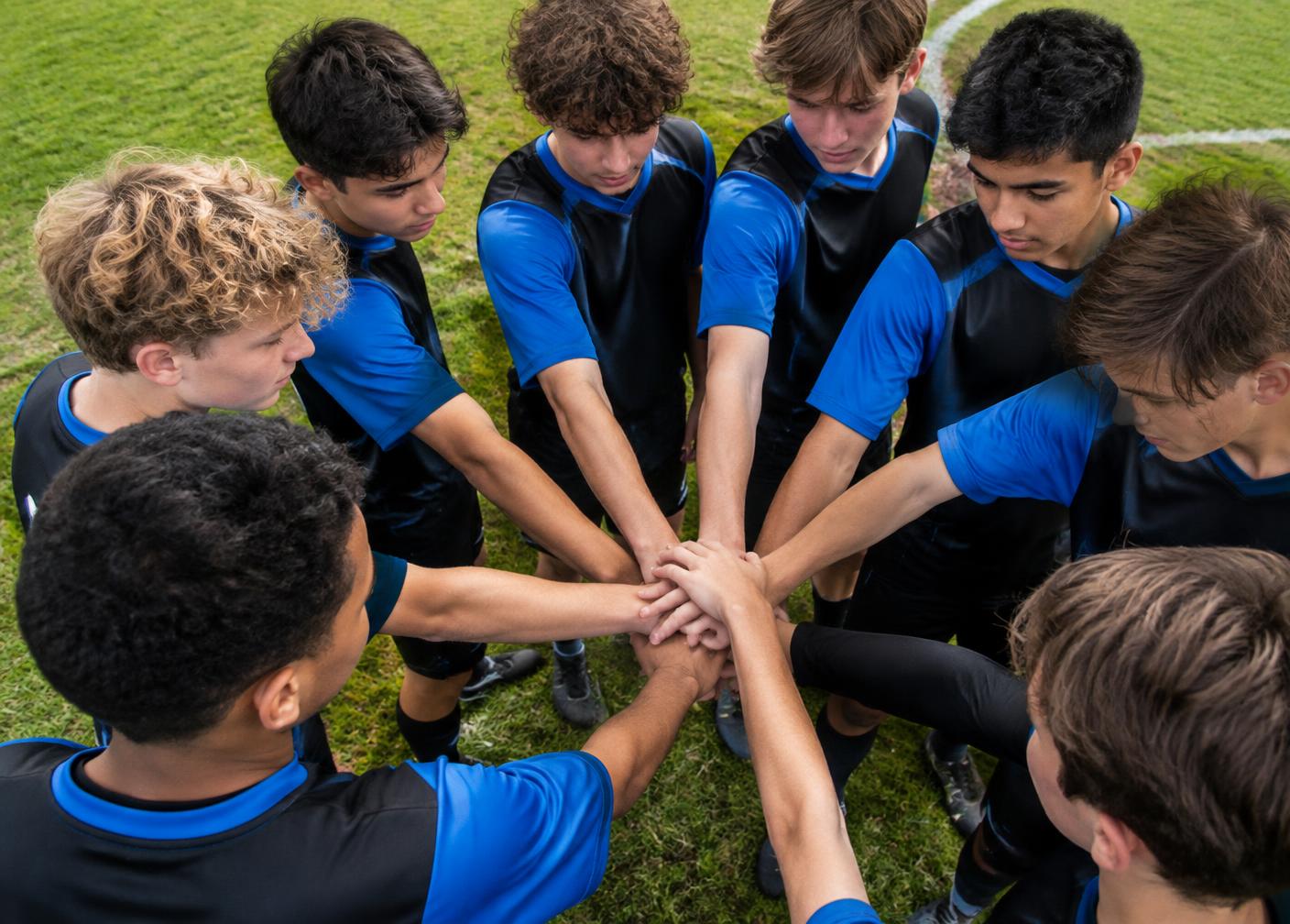 Teenage soccer players in blue and black kits stacking hands together in a team huddle